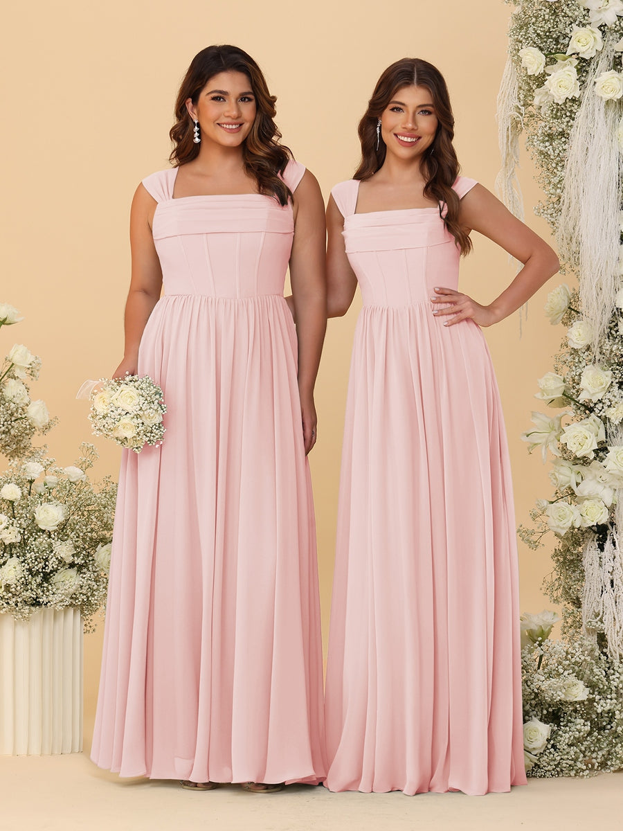 Chiffon A-Line/Princess Square Neck Sleeveless Bridesmaid Dresses with Pleats - Image 55