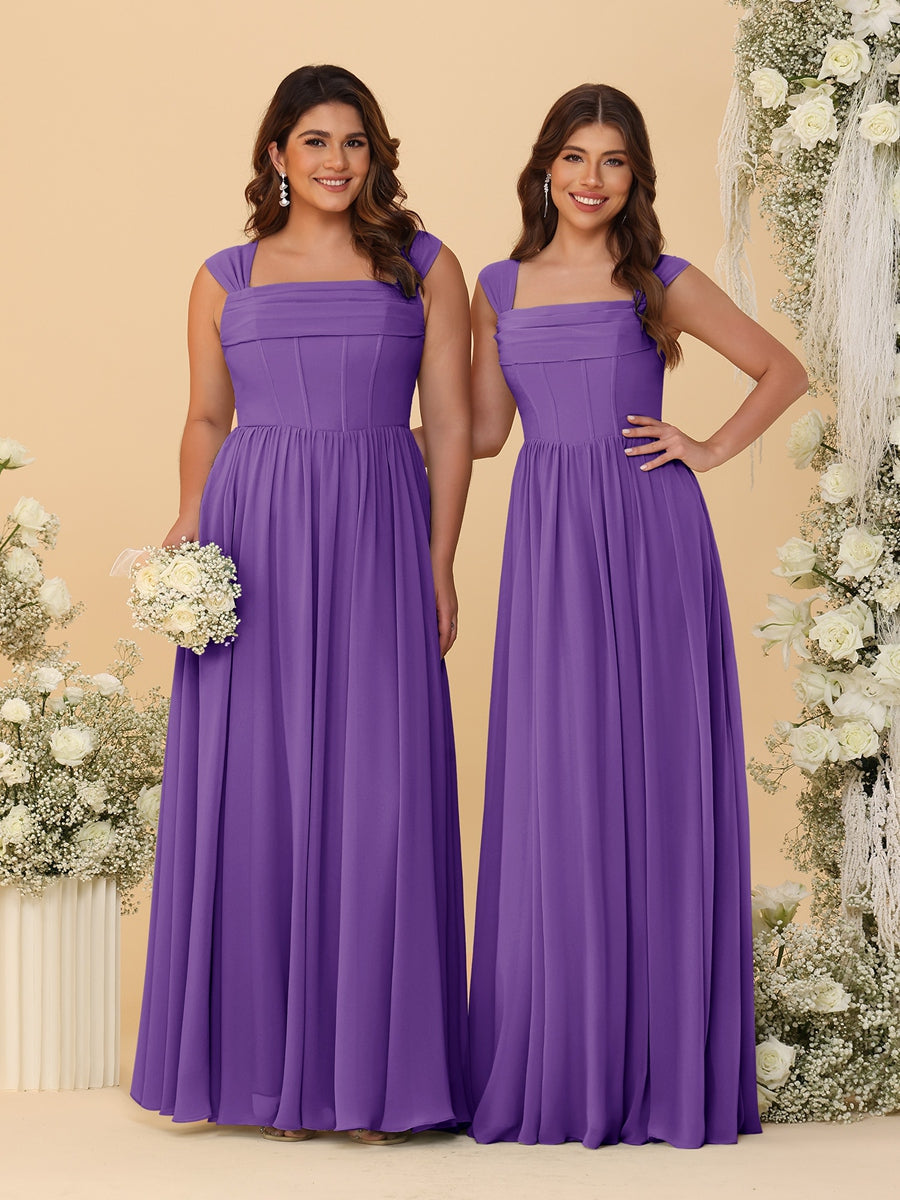 Chiffon A-Line/Princess Square Neck Sleeveless Bridesmaid Dresses with Pleats - Image 58