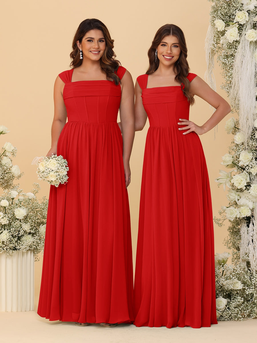 Chiffon A-Line/Princess Square Neck Sleeveless Bridesmaid Dresses with Pleats - Image 59