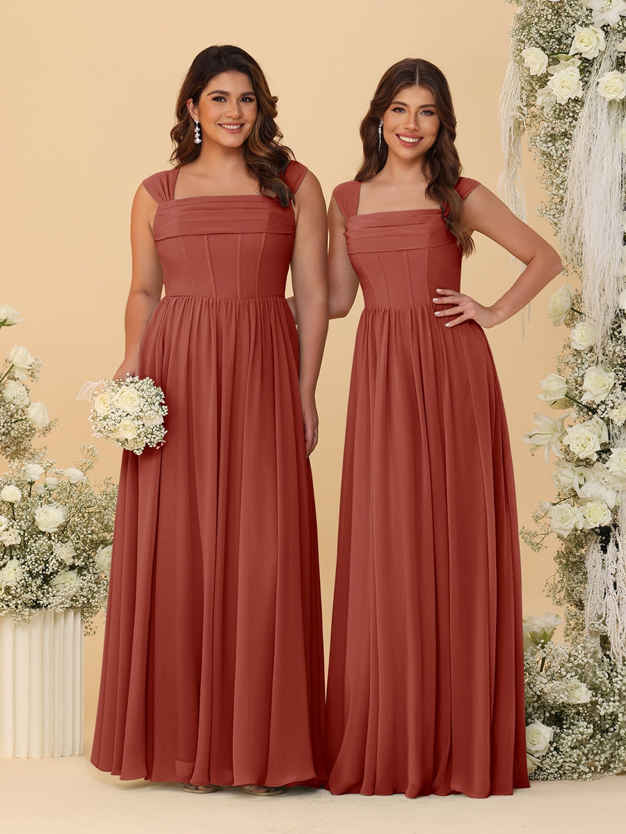 Chiffon A-Line/Princess Square Neck Sleeveless Bridesmaid Dresses with Pleats - Image 61