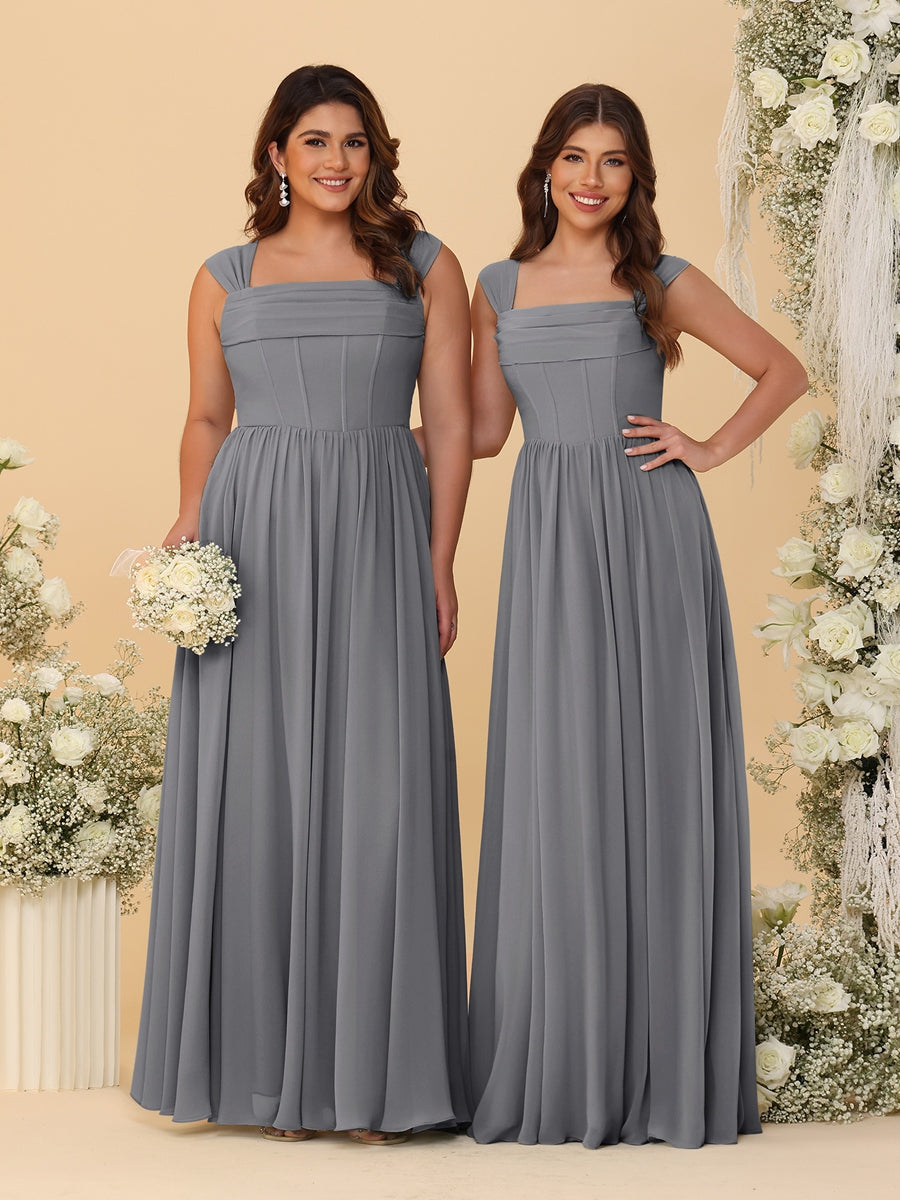 Chiffon A-Line/Princess Square Neck Sleeveless Bridesmaid Dresses with Pleats - Image 65