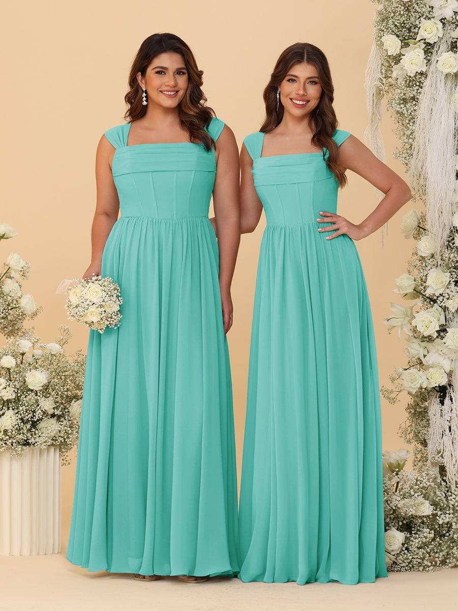 Chiffon A-Line/Princess Square Neck Sleeveless Bridesmaid Dresses with Pleats - Image 67