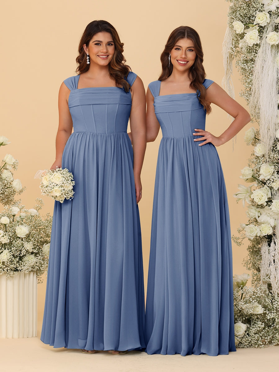Chiffon A-Line/Princess Square Neck Sleeveless Bridesmaid Dresses with Pleats - Image 68