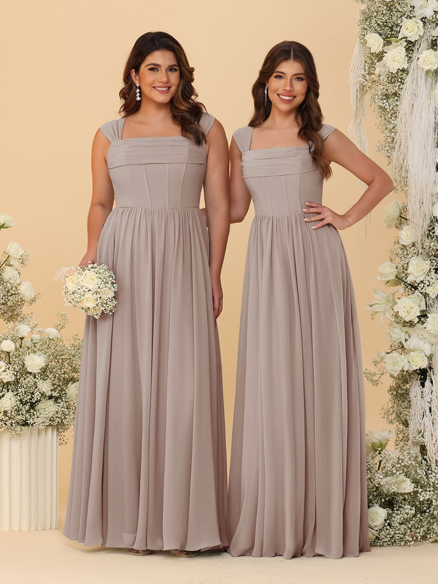 Chiffon A-Line/Princess Square Neck Sleeveless Bridesmaid Dresses with Pleats - Image 70