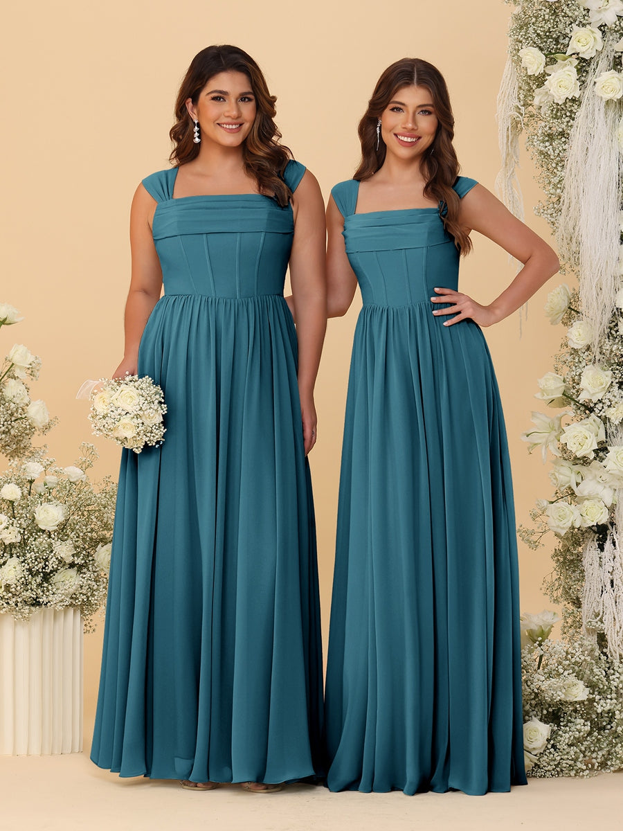 Chiffon A-Line/Princess Square Neck Sleeveless Bridesmaid Dresses with Pleats - Image 71