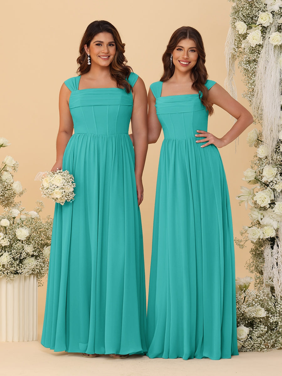 Chiffon A-Line/Princess Square Neck Sleeveless Bridesmaid Dresses with Pleats - Image 72