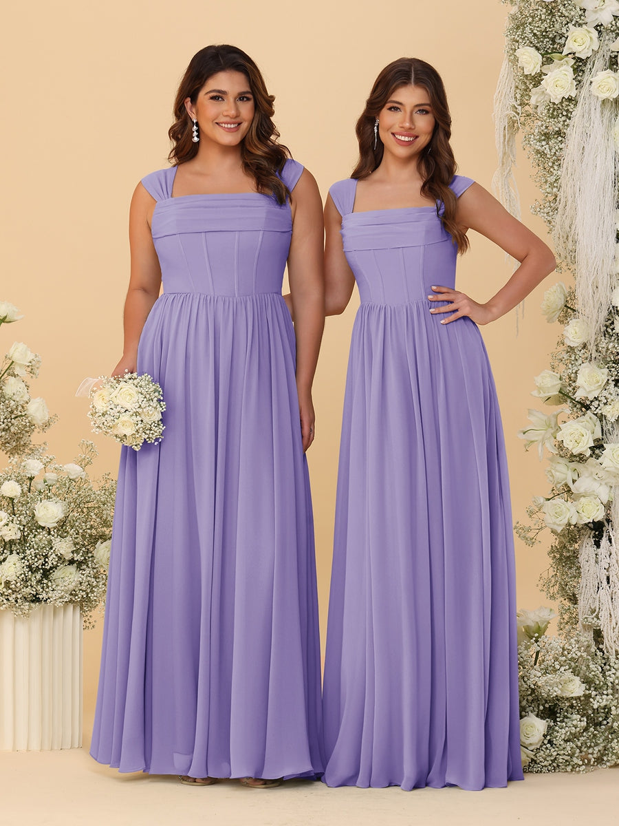 Chiffon A-Line/Princess Square Neck Sleeveless Bridesmaid Dresses with Pleats - Image 75