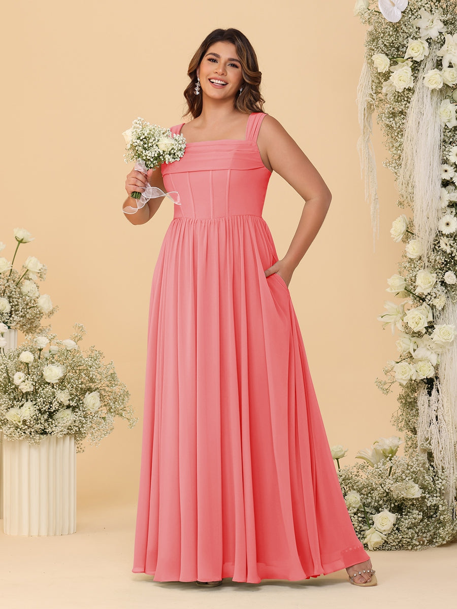 Chiffon A-Line/Princess Square Neck Sleeveless Plus Size Bridesmaid Dresses with Pleats - Image 14