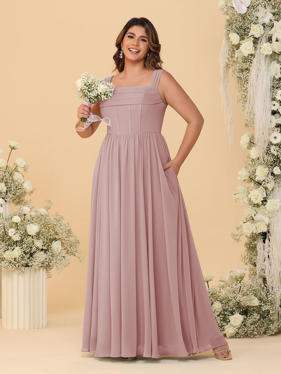 Chiffon A-Line/Princess Square Neck Sleeveless Plus Size Bridesmaid Dresses with Pleats - Image 18