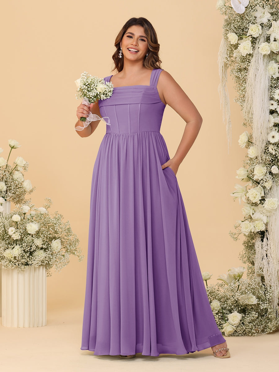 Chiffon A-Line/Princess Square Neck Sleeveless Plus Size Bridesmaid Dresses with Pleats - Image 19
