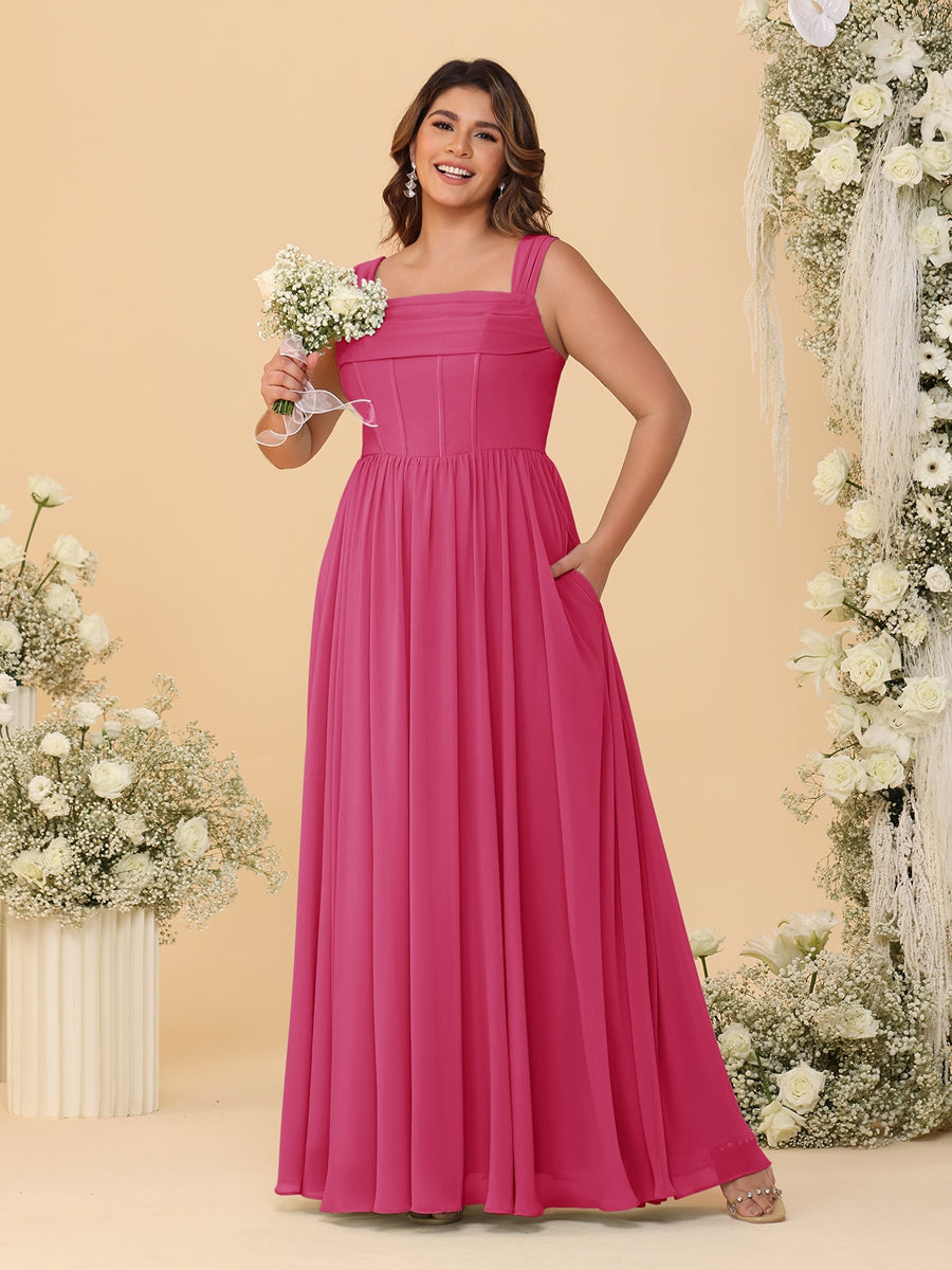 Chiffon A-Line/Princess Square Neck Sleeveless Plus Size Bridesmaid Dresses with Pleats - Image 24