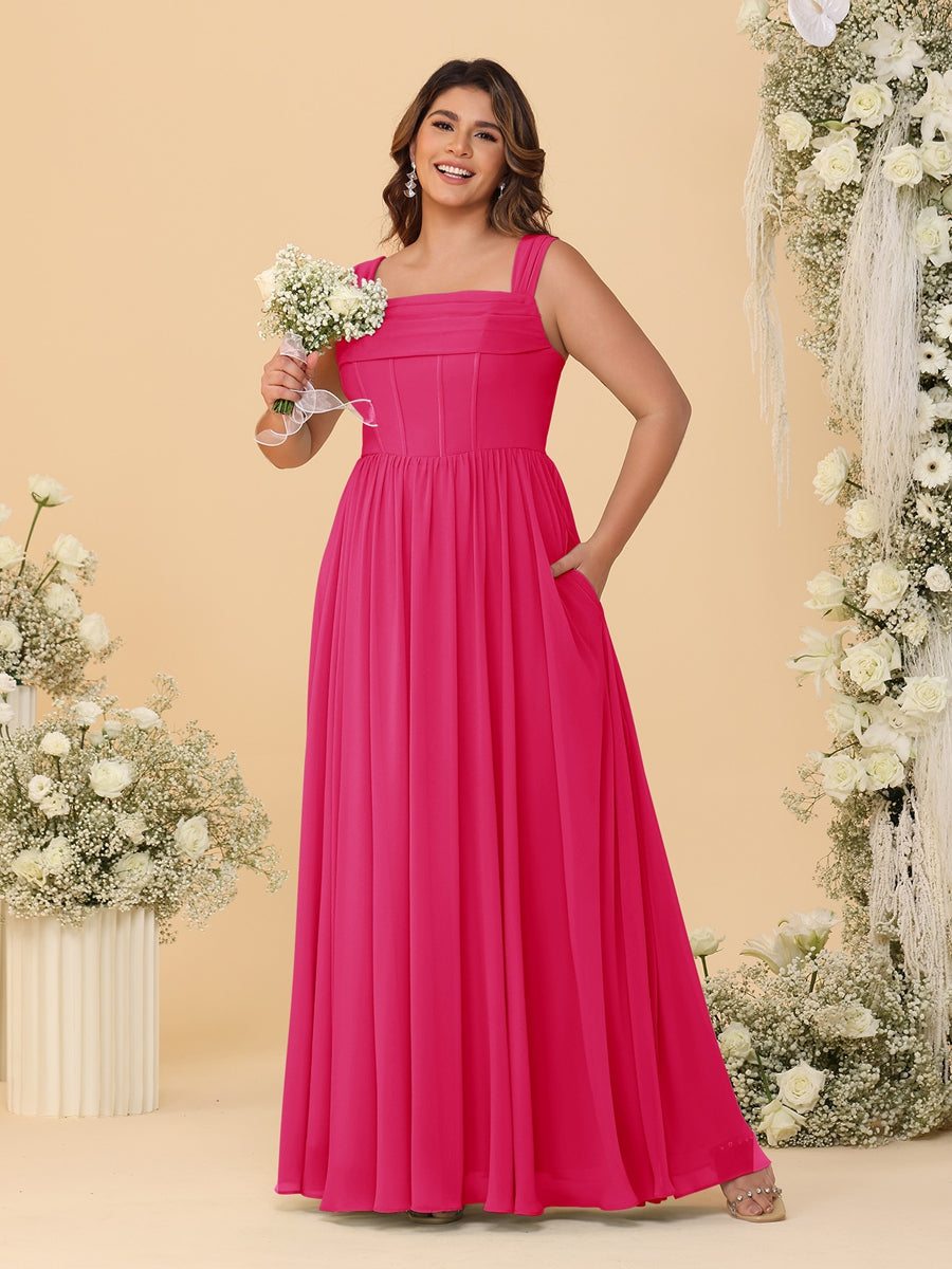 Chiffon A-Line/Princess Square Neck Sleeveless Plus Size Bridesmaid Dresses with Pleats - Image 25