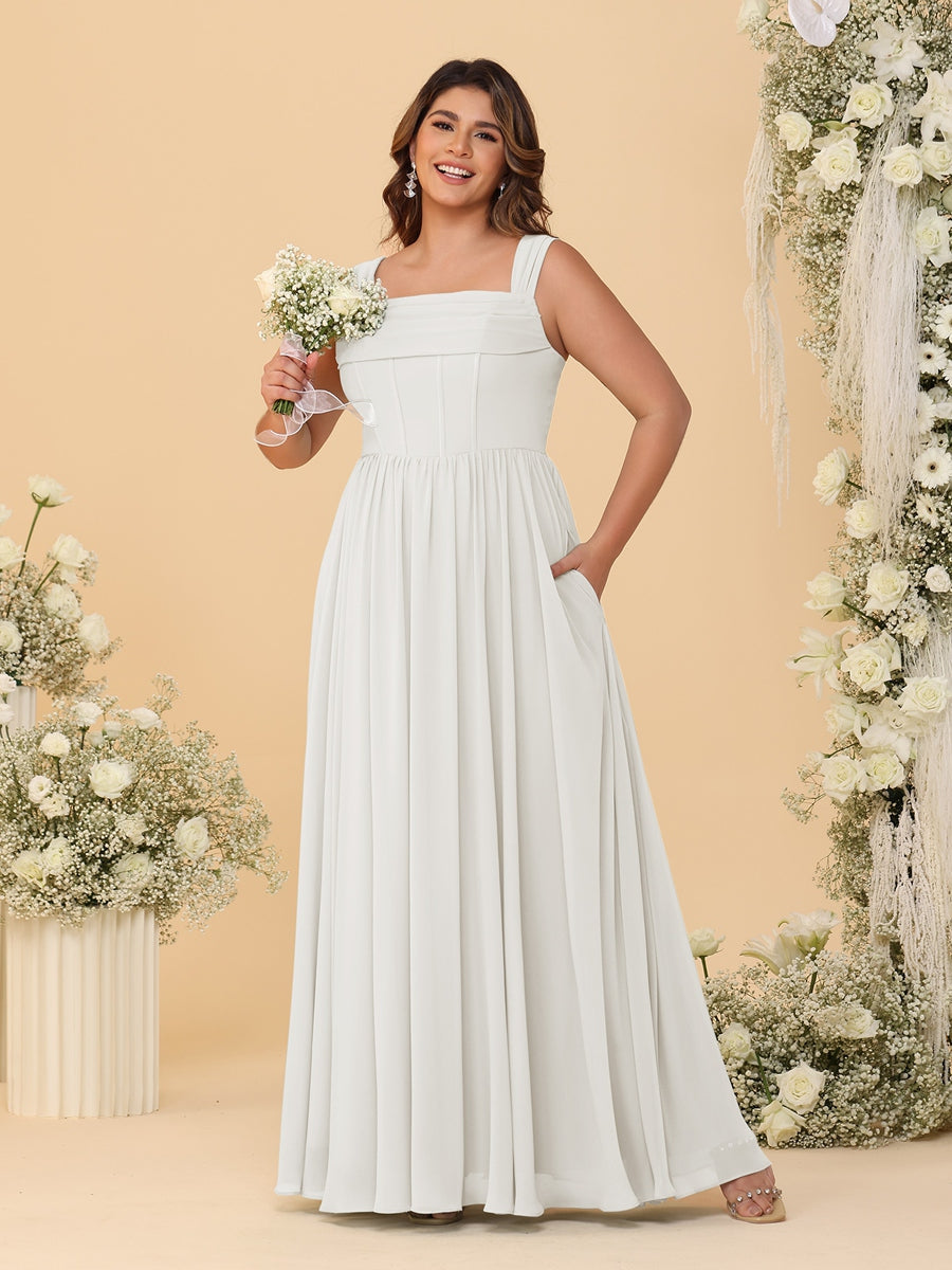 Chiffon A-Line/Princess Square Neck Sleeveless Plus Size Bridesmaid Dresses with Pleats - Image 31