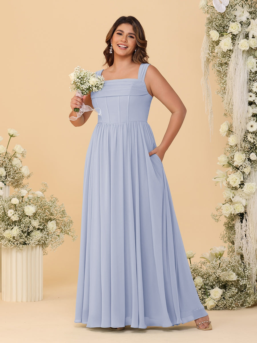 Chiffon A-Line/Princess Square Neck Sleeveless Plus Size Bridesmaid Dresses with Pleats - Image 32
