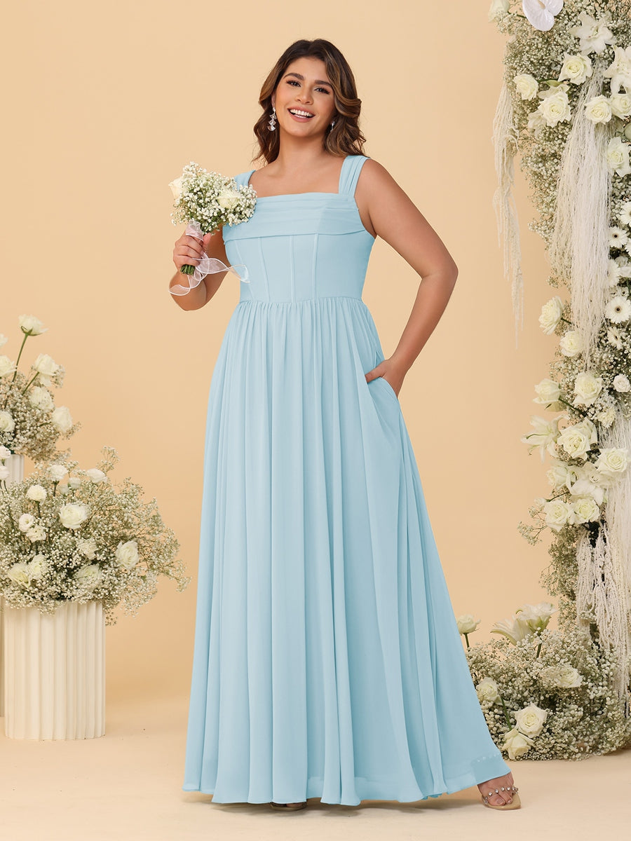 Chiffon A-Line/Princess Square Neck Sleeveless Plus Size Bridesmaid Dresses with Pleats - Image 33