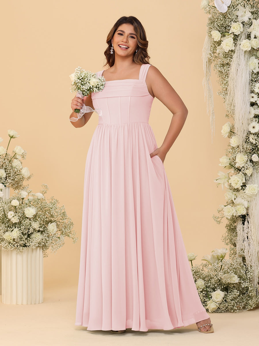 Chiffon A-Line/Princess Square Neck Sleeveless Plus Size Bridesmaid Dresses with Pleats - Image 36