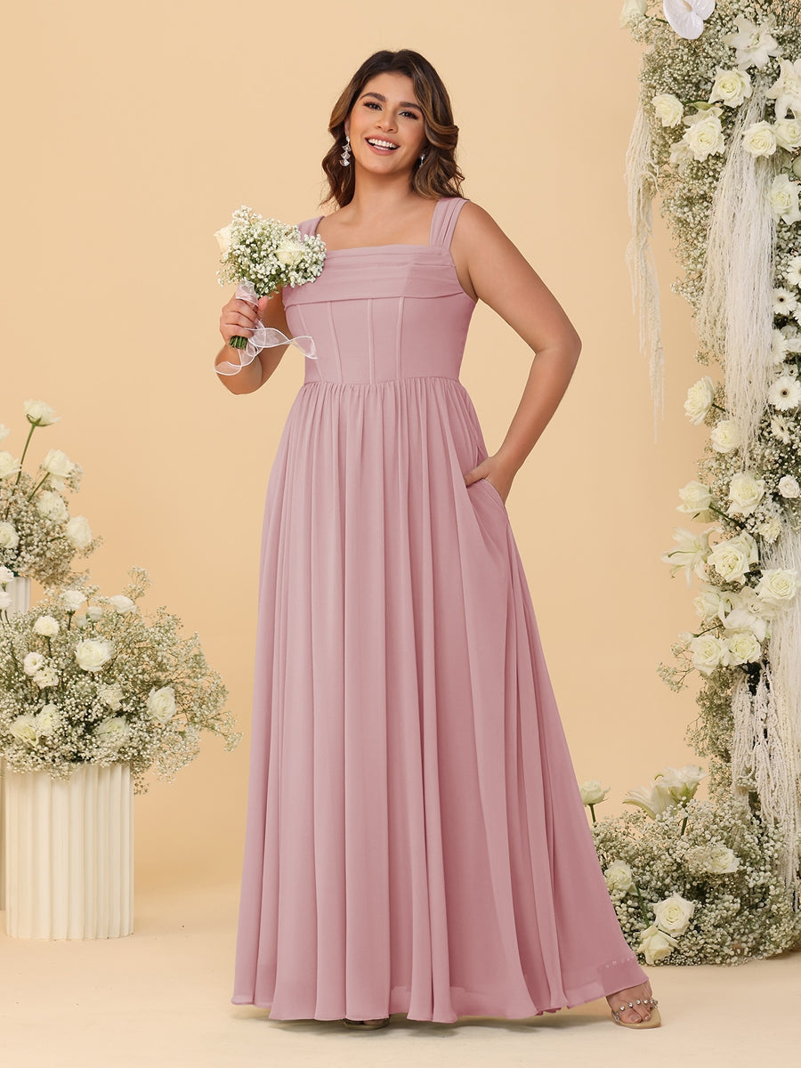 Chiffon A-Line/Princess Square Neck Sleeveless Plus Size Bridesmaid Dresses with Pleats - Image 41