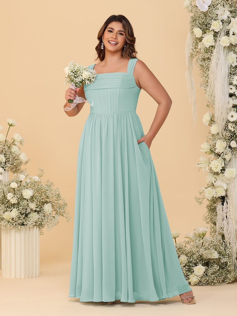 Chiffon A-Line/Princess Square Neck Sleeveless Plus Size Bridesmaid Dresses with Pleats - Image 43