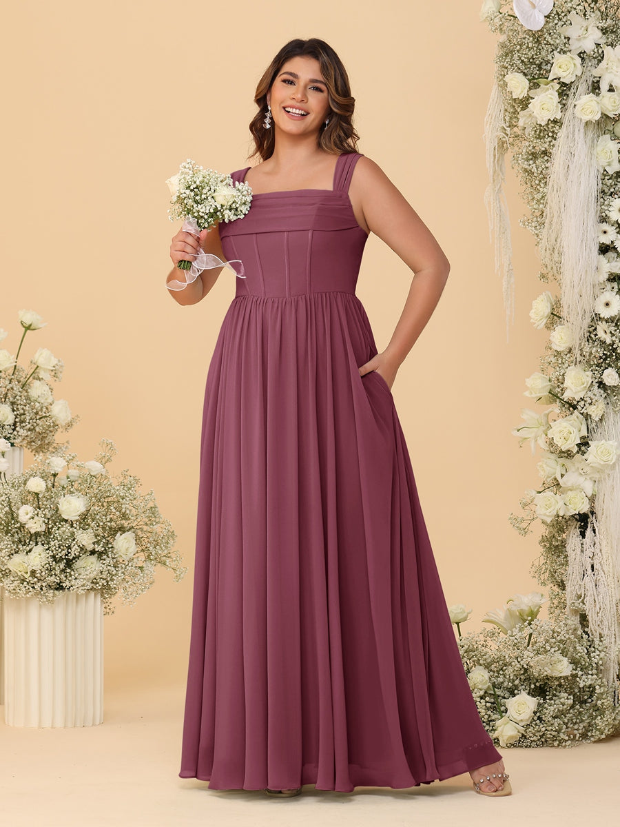 Chiffon A-Line/Princess Square Neck Sleeveless Plus Size Bridesmaid Dresses with Pleats - Image 44