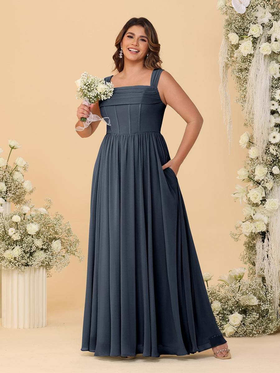 Chiffon A-Line/Princess Square Neck Sleeveless Plus Size Bridesmaid Dresses with Pleats - Image 46