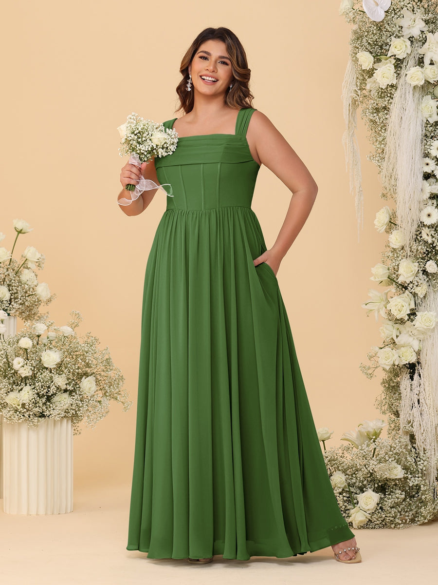 Chiffon A-Line/Princess Square Neck Sleeveless Plus Size Bridesmaid Dresses with Pleats - Image 49