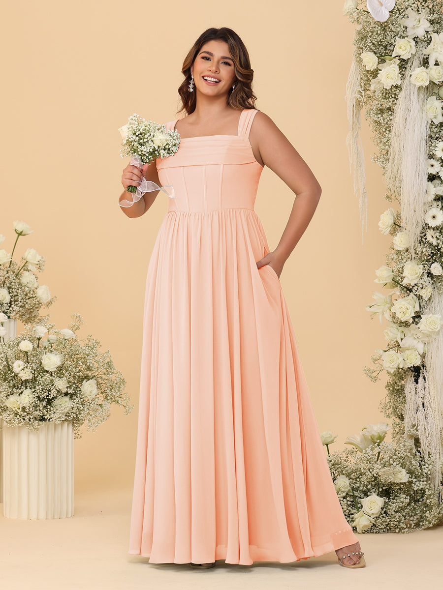 Chiffon A-Line/Princess Square Neck Sleeveless Plus Size Bridesmaid Dresses with Pleats - Image 52