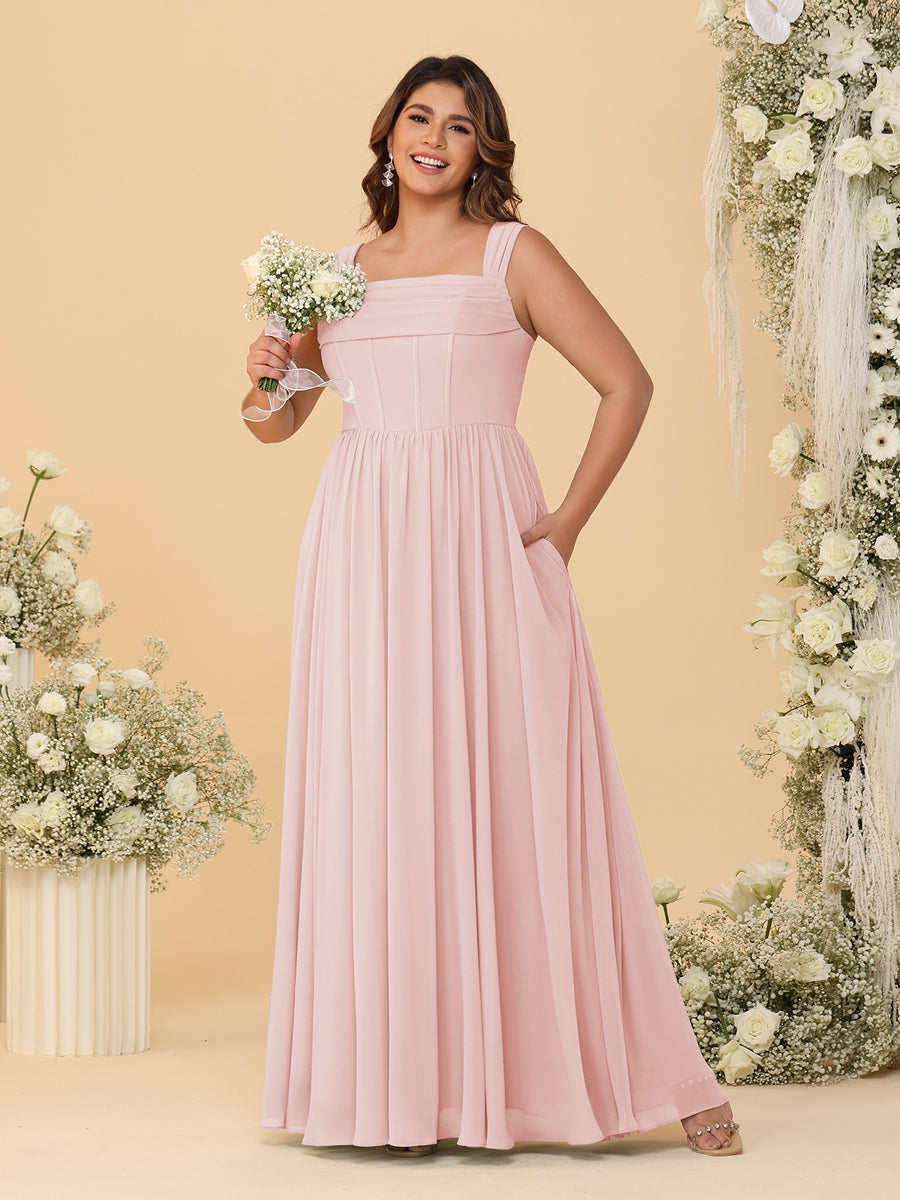 Chiffon A-Line/Princess Square Neck Sleeveless Plus Size Bridesmaid Dresses with Pleats - Image 54