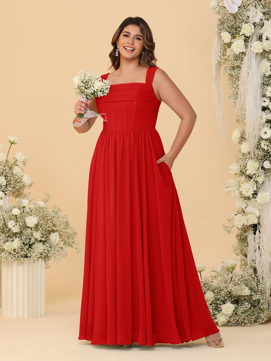 Chiffon A-Line/Princess Square Neck Sleeveless Plus Size Bridesmaid Dresses with Pleats - Image 58