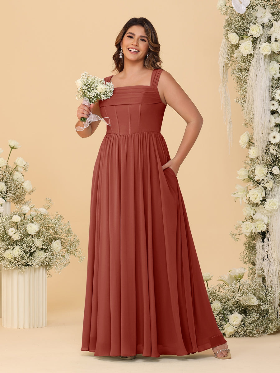 Chiffon A-Line/Princess Square Neck Sleeveless Plus Size Bridesmaid Dresses with Pleats - Image 60