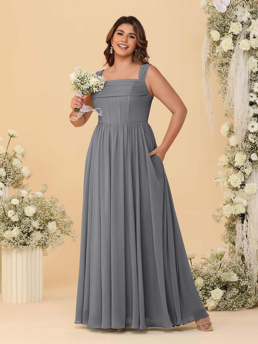 Chiffon A-Line/Princess Square Neck Sleeveless Plus Size Bridesmaid Dresses with Pleats - Image 64