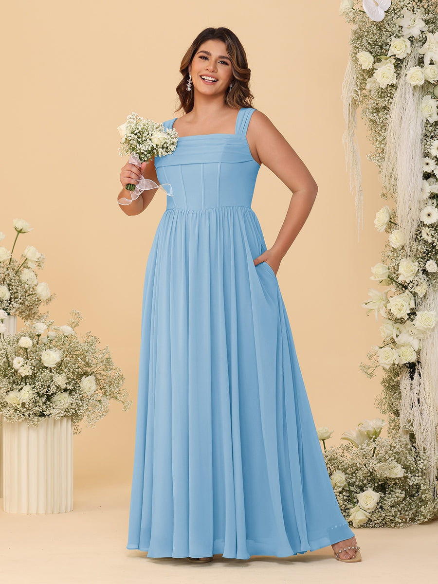 Chiffon A-Line/Princess Square Neck Sleeveless Plus Size Bridesmaid Dresses with Pleats - Image 65