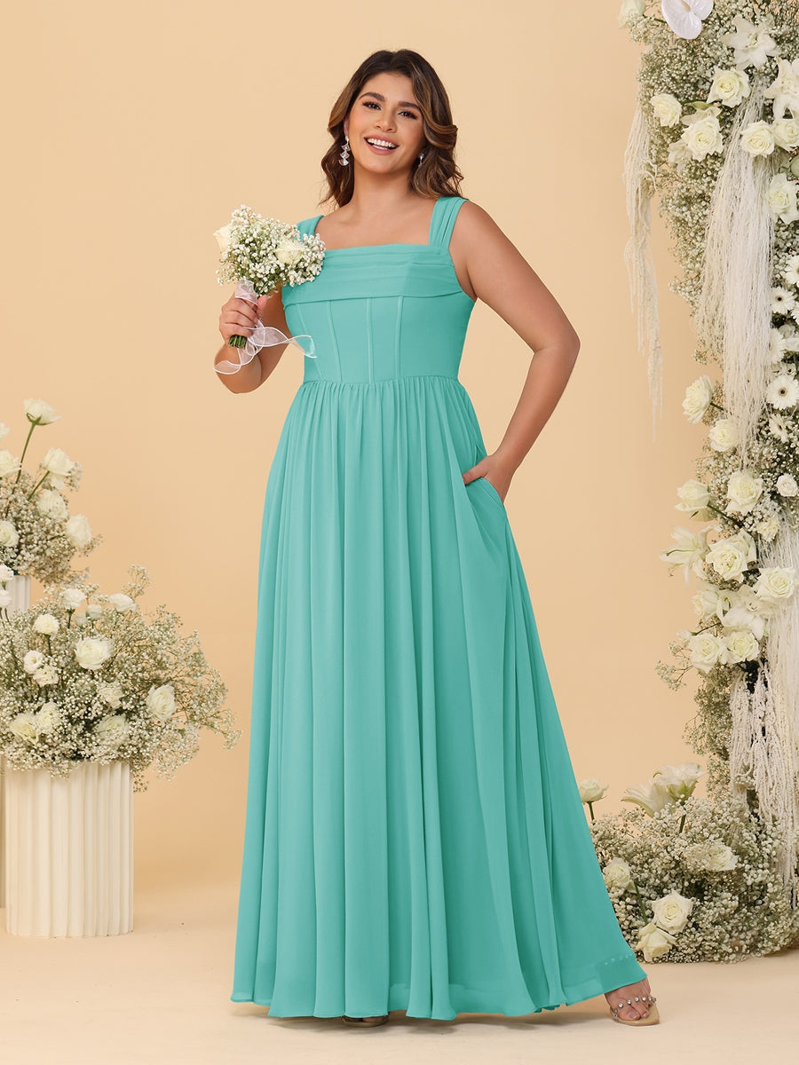 Chiffon A-Line/Princess Square Neck Sleeveless Plus Size Bridesmaid Dresses with Pleats - Image 66