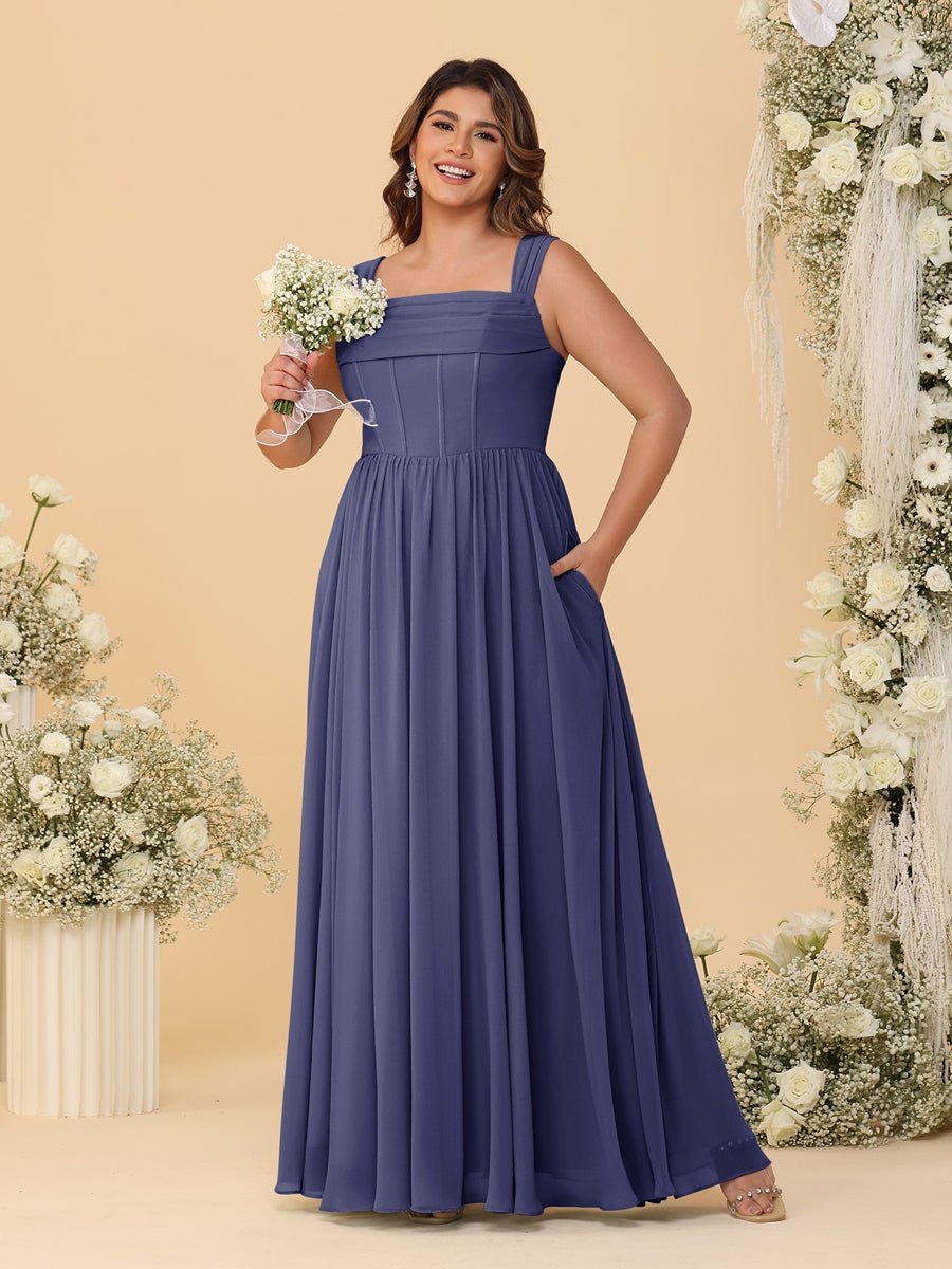 Chiffon A-Line/Princess Square Neck Sleeveless Plus Size Bridesmaid Dresses with Pleats - Image 68