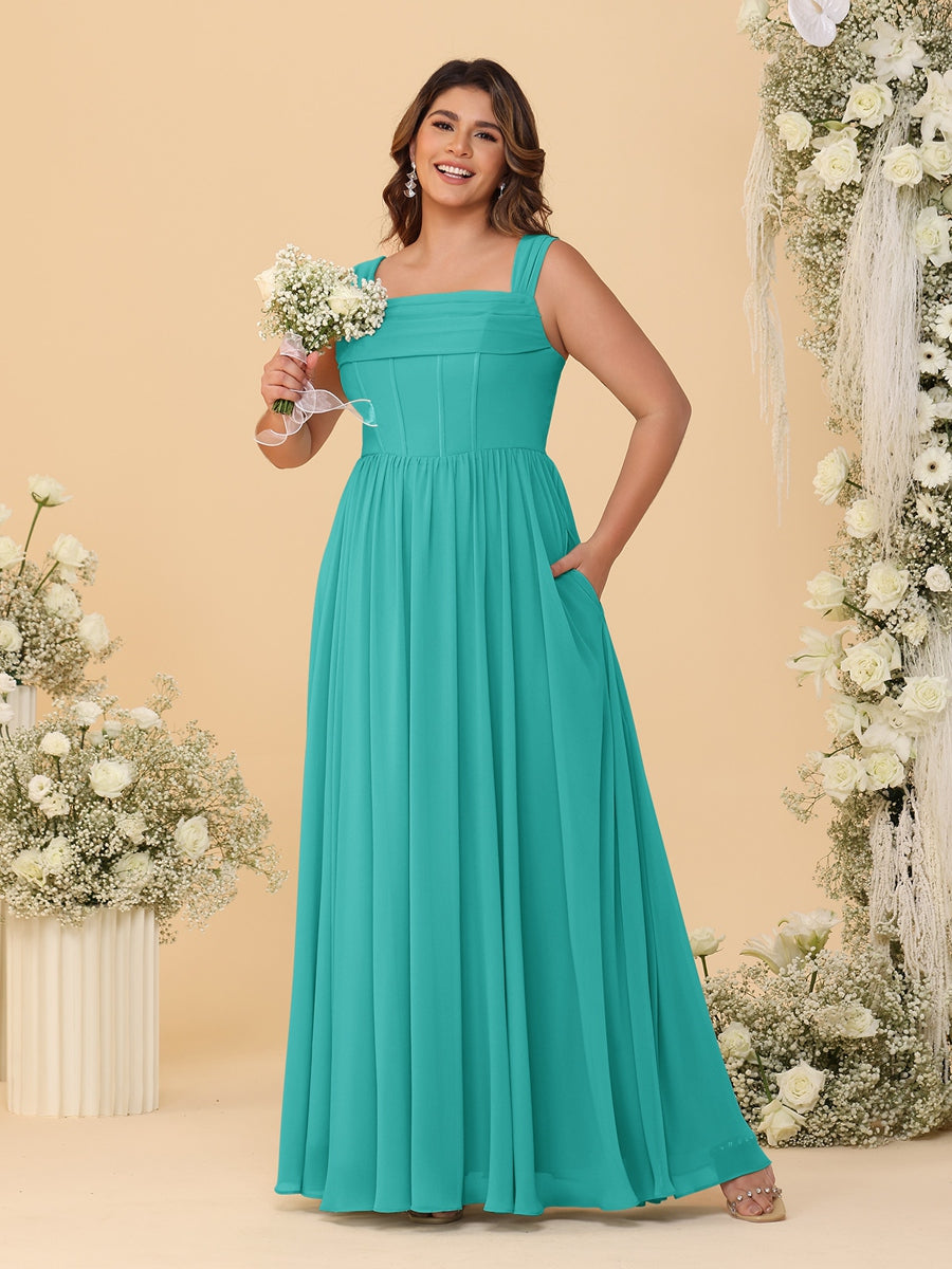 Chiffon A-Line/Princess Square Neck Sleeveless Plus Size Bridesmaid Dresses with Pleats - Image 71