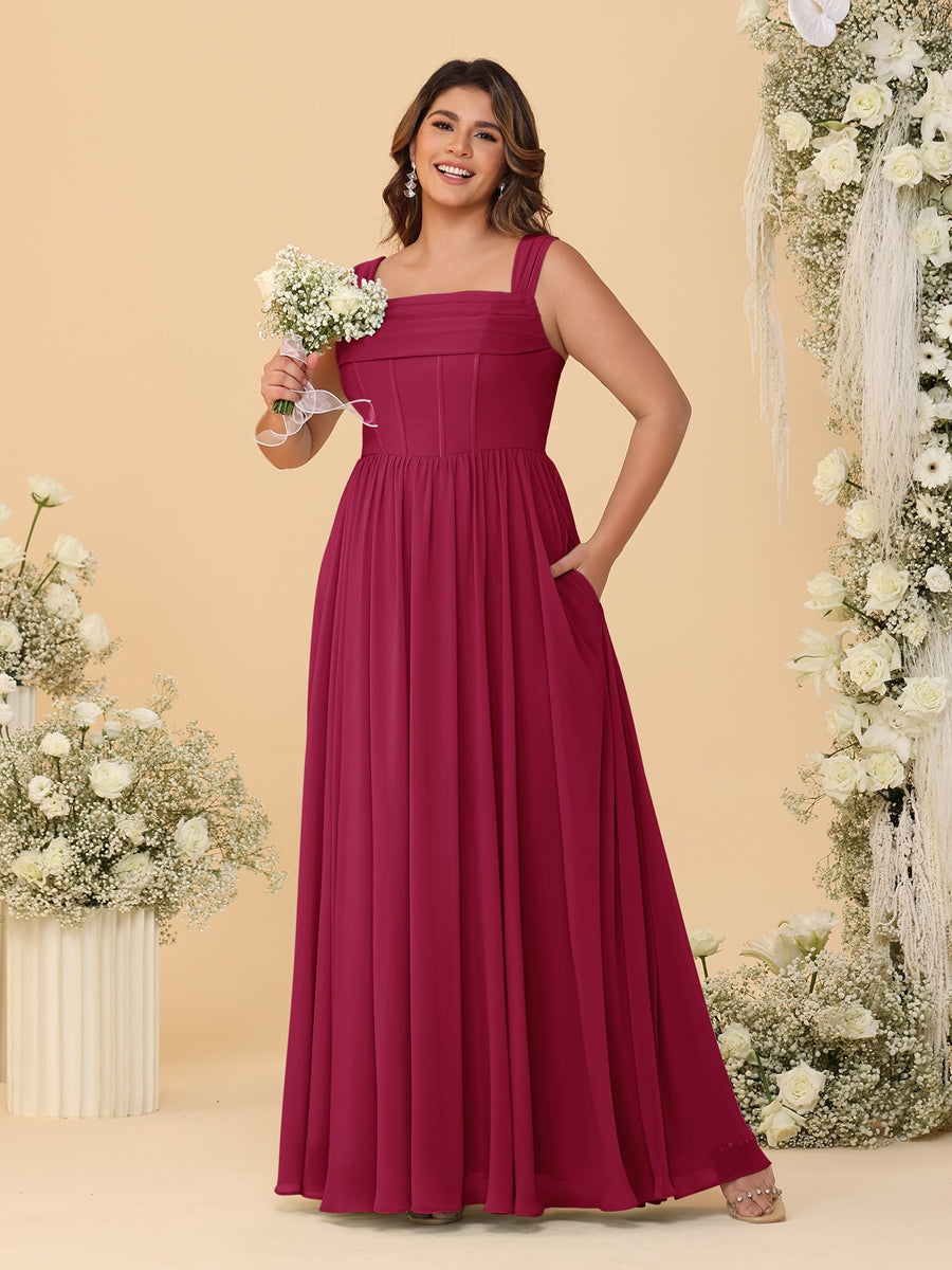 Chiffon A-Line/Princess Square Neck Sleeveless Plus Size Bridesmaid Dresses with Pleats - Image 73
