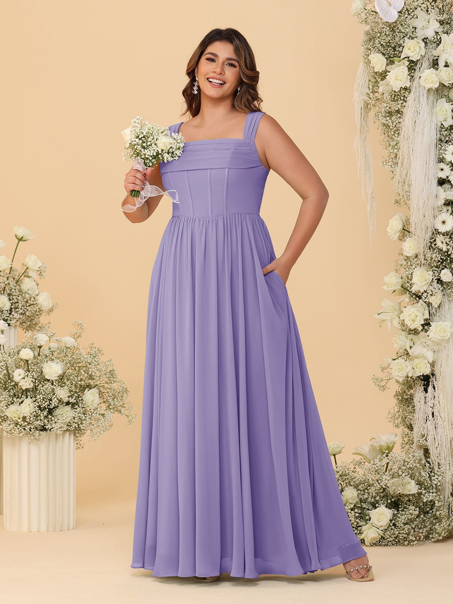 Chiffon A-Line/Princess Square Neck Sleeveless Plus Size Bridesmaid Dresses with Pleats - Image 74