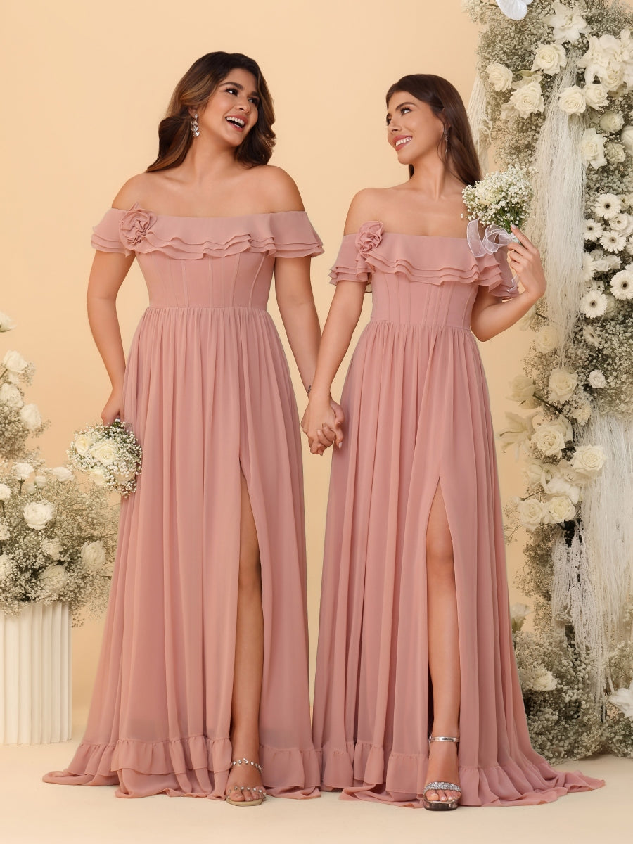 Chiffon A-Line/Princess Off-the-Shoulder Short Sleeves Ruched Bridesmaid Dresses - 이미지 3