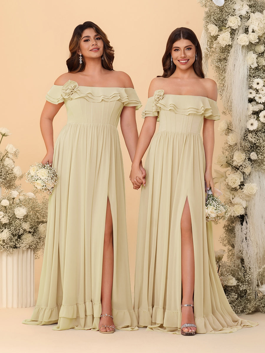 Chiffon A-Line/Princess Off-the-Shoulder Short Sleeves Ruched Bridesmaid Dresses - 이미지 12