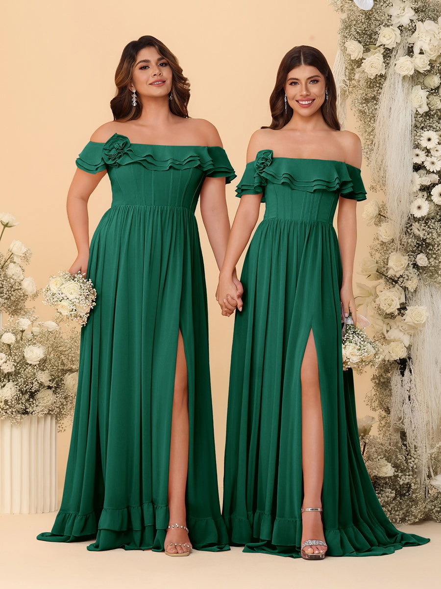Chiffon A-Line/Princess Off-the-Shoulder Short Sleeves Ruched Bridesmaid Dresses - 이미지 14