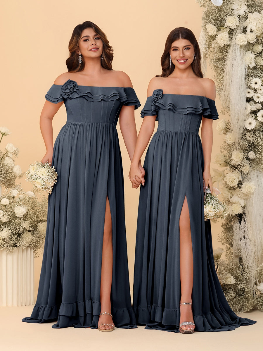 Chiffon A-Line/Princess Off-the-Shoulder Short Sleeves Ruched Bridesmaid Dresses - 이미지 44