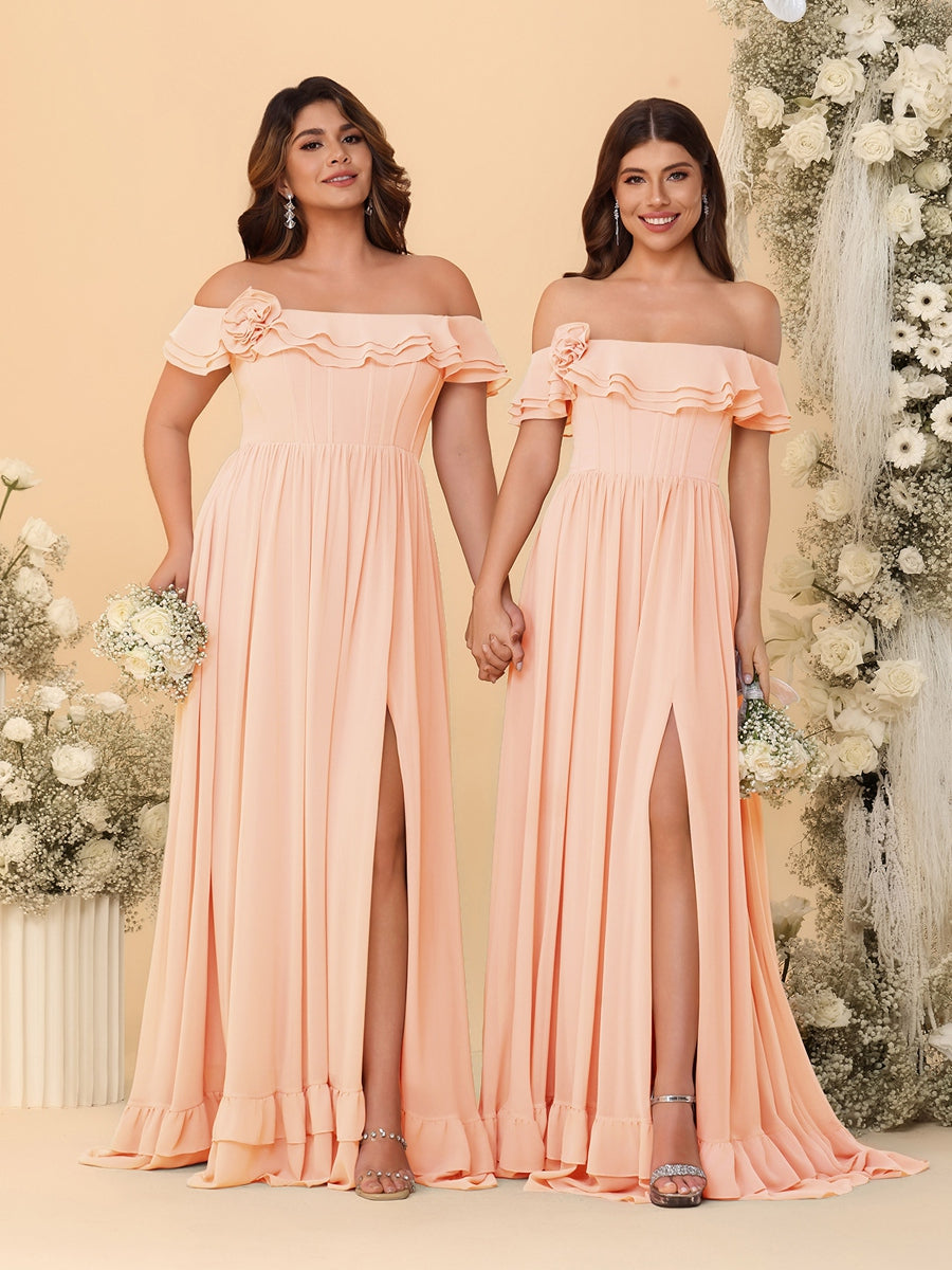 Chiffon A-Line/Princess Off-the-Shoulder Short Sleeves Ruched Bridesmaid Dresses - 이미지 50