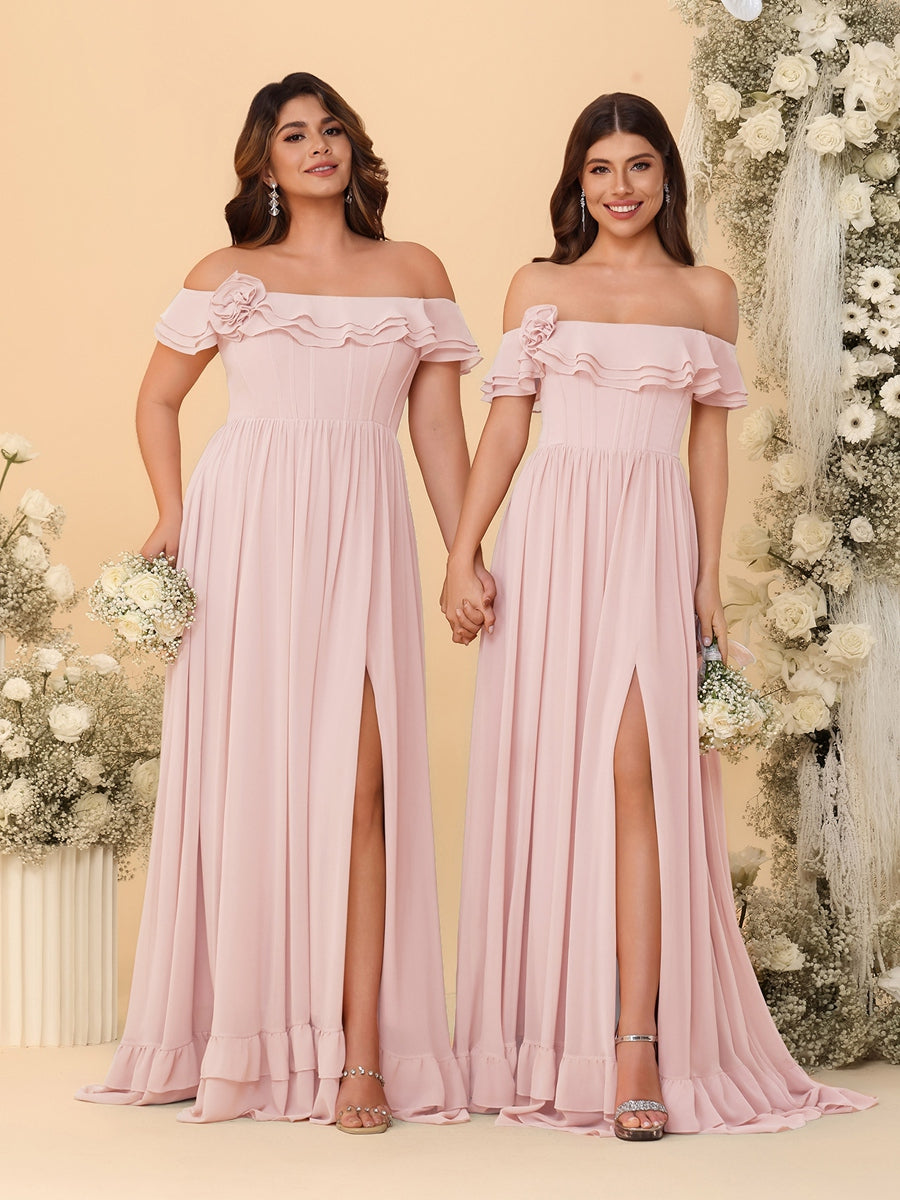 Chiffon A-Line/Princess Off-the-Shoulder Short Sleeves Ruched Bridesmaid Dresses - 이미지 52