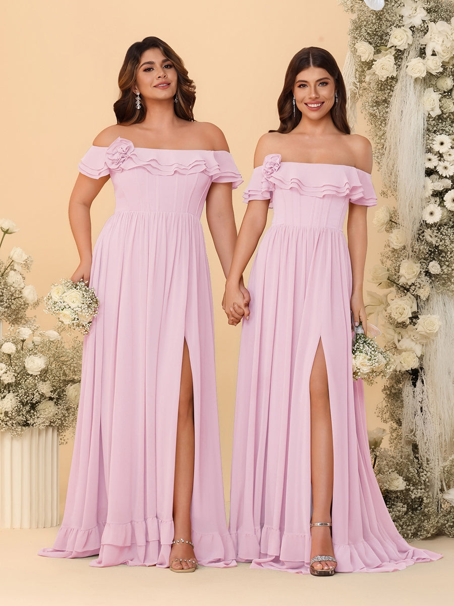 Chiffon A-Line/Princess Off-the-Shoulder Short Sleeves Ruched Bridesmaid Dresses - 이미지 53