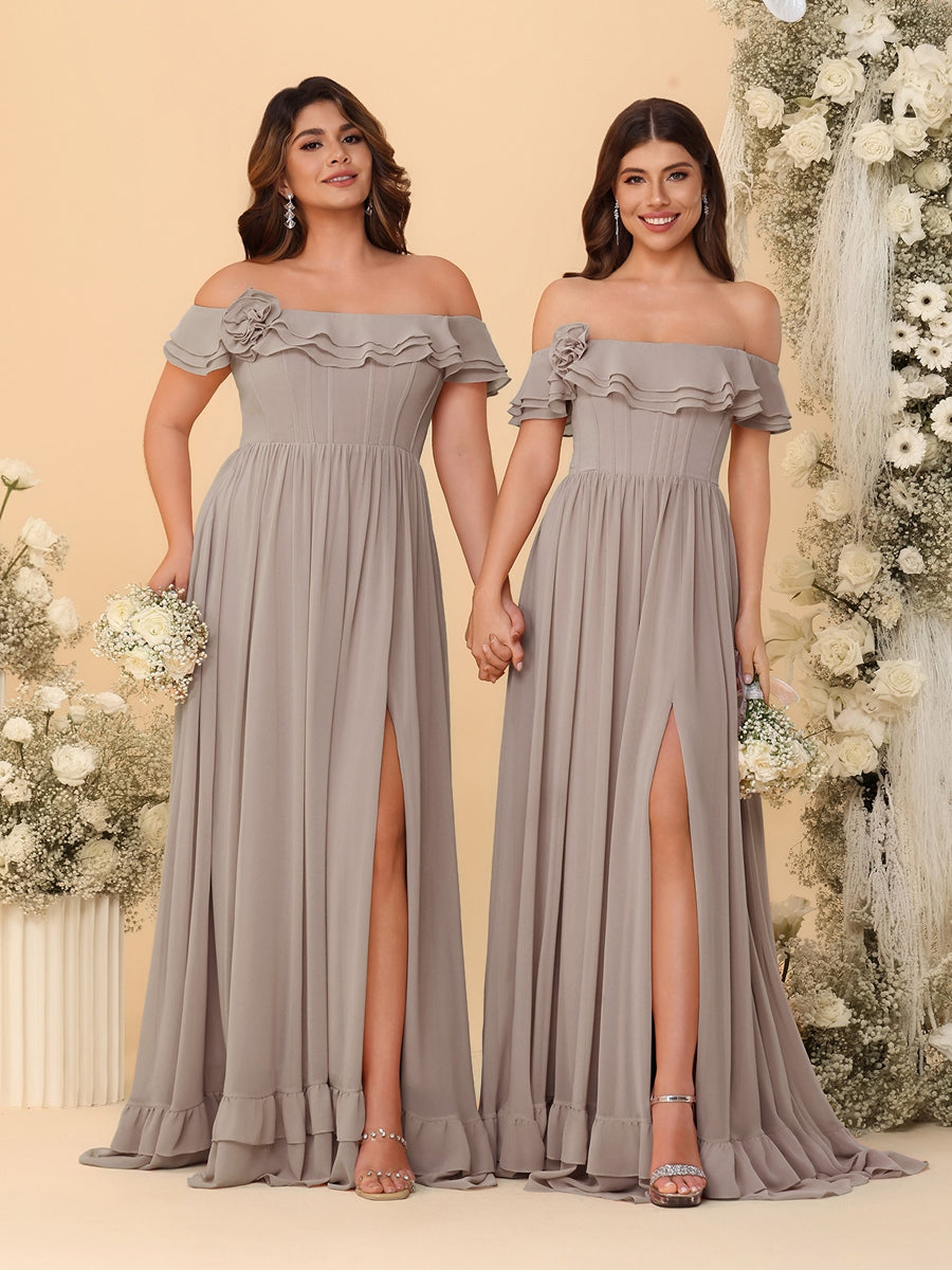 Chiffon A-Line/Princess Off-the-Shoulder Short Sleeves Ruched Bridesmaid Dresses - 이미지 67