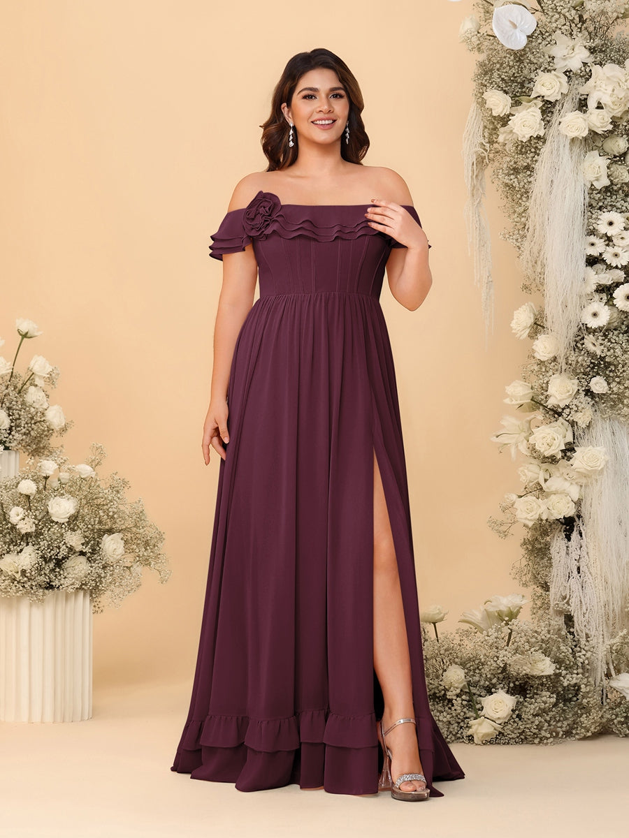Chiffon A-Line/Princess Off-the-Shoulder Short Sleeves Plus Size Bridesmaid Dresses with Side Slit - Image 9