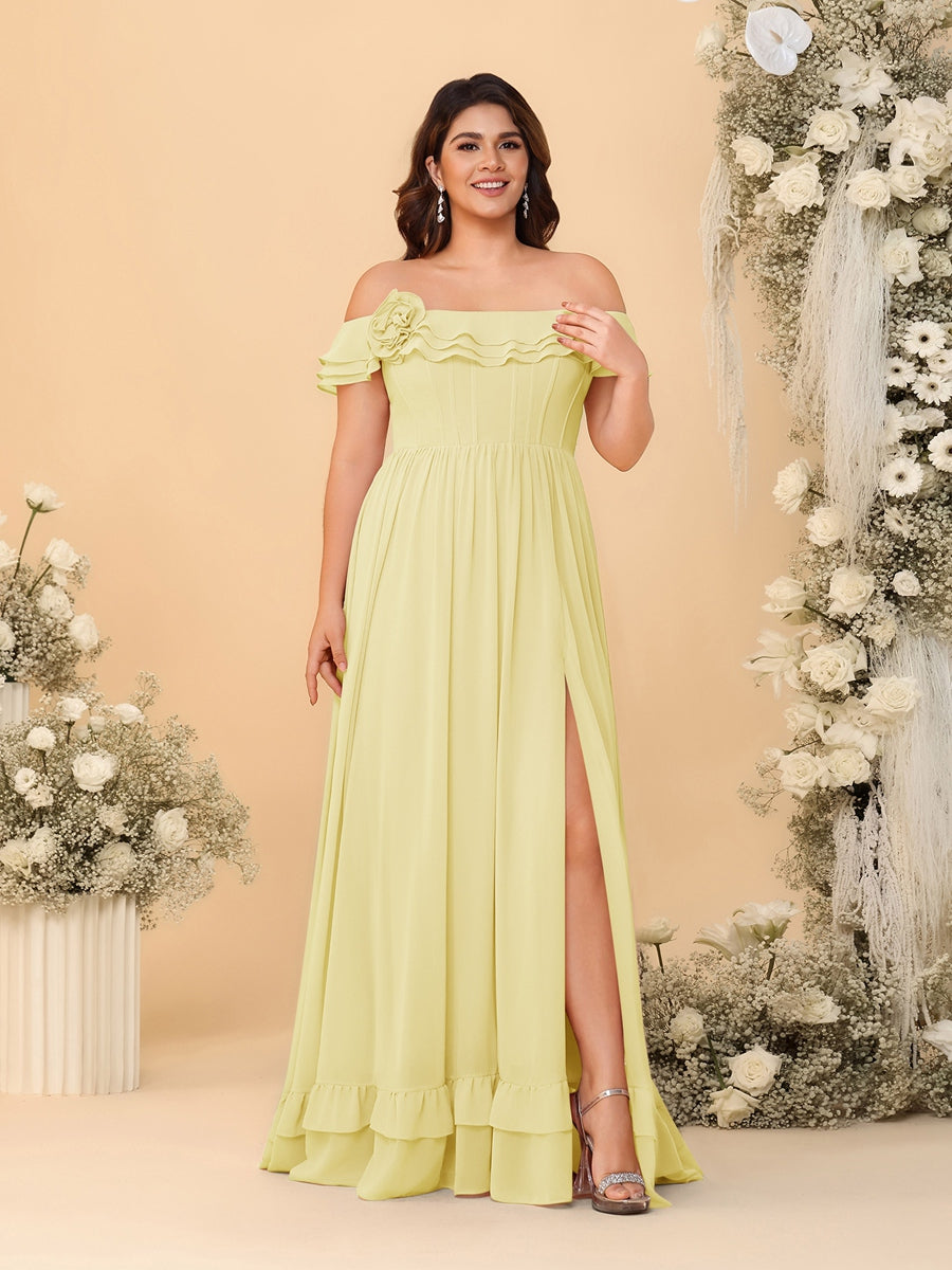 Chiffon A-Line/Princess Off-the-Shoulder Short Sleeves Plus Size Bridesmaid Dresses with Side Slit - Image 11