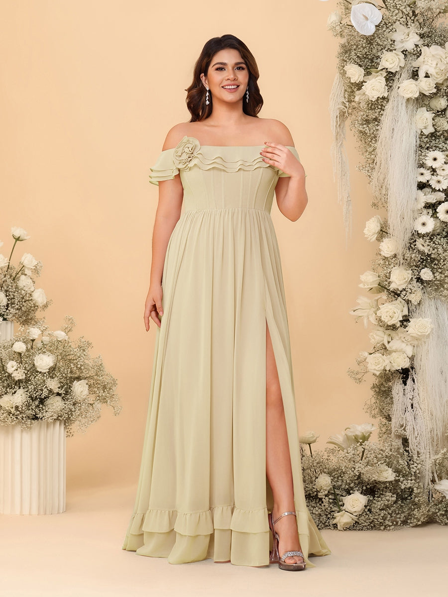 Chiffon A-Line/Princess Off-the-Shoulder Short Sleeves Plus Size Bridesmaid Dresses with Side Slit - Image 12