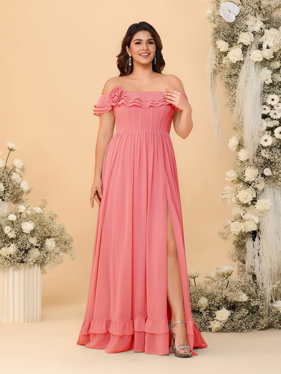 Chiffon A-Line/Princess Off-the-Shoulder Short Sleeves Plus Size Bridesmaid Dresses with Side Slit - Image 13
