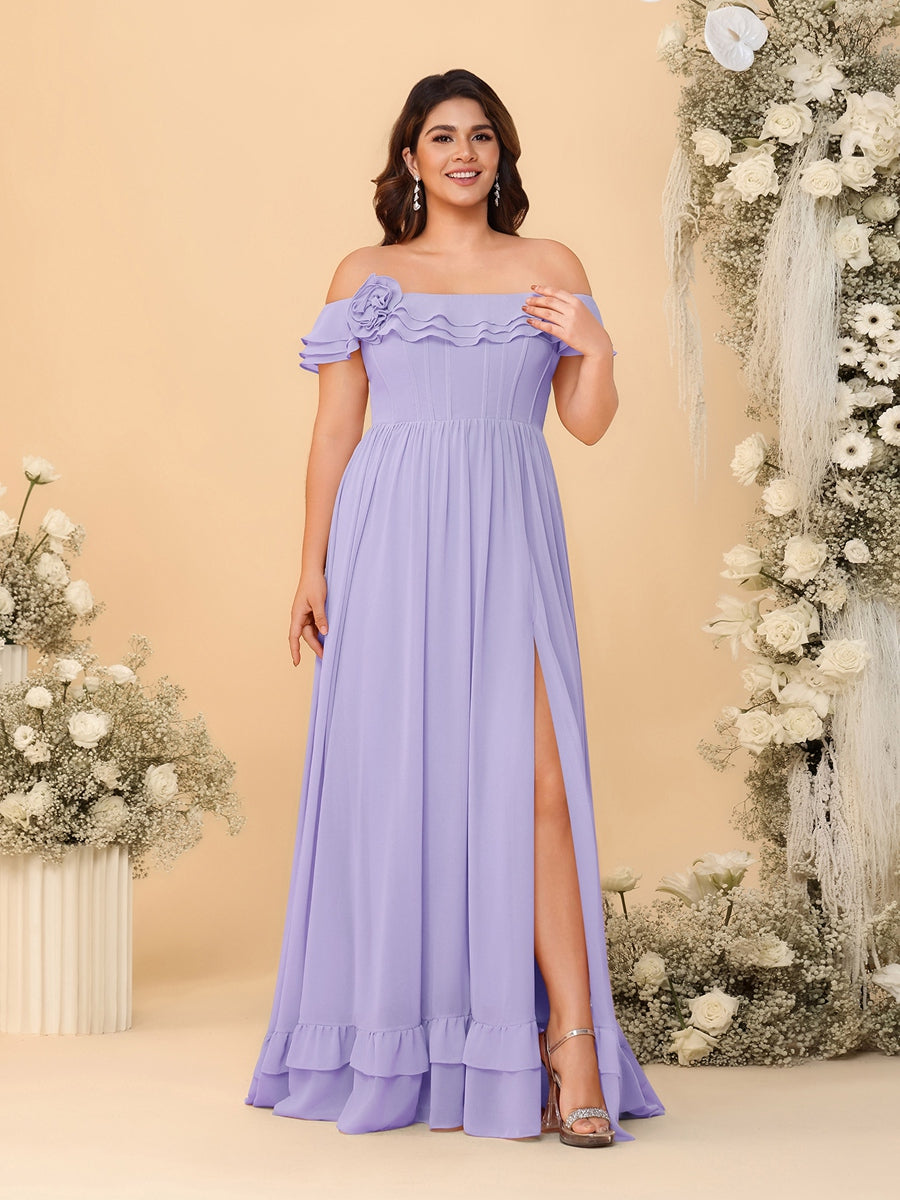 Chiffon A-Line/Princess Off-the-Shoulder Short Sleeves Plus Size Bridesmaid Dresses with Side Slit - Image 38