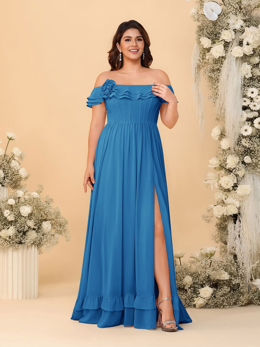 Chiffon A-Line/Princess Off-the-Shoulder Short Sleeves Plus Size Bridesmaid Dresses with Side Slit - Image 45